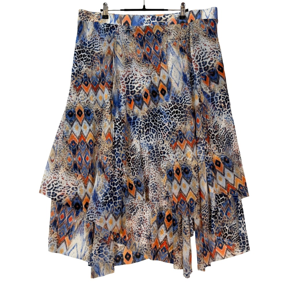 Chicos Size 3 Boho Chic Leopard Ikat Mesh Tiered Handkerchief Hem Midi Skirt